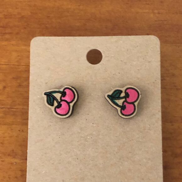 Hand Painted Red Cherry’s Stud Earrings Hypoallergenic Lightweight Posts - Picture 4 of 6